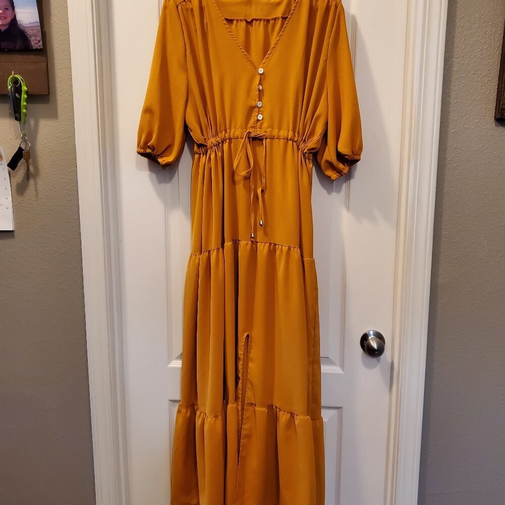 NWOT Boho Chic Mustard yellow-orange Smocked Waist Flowy Dress Puff Sleeves M/L - Picture 4 of 8